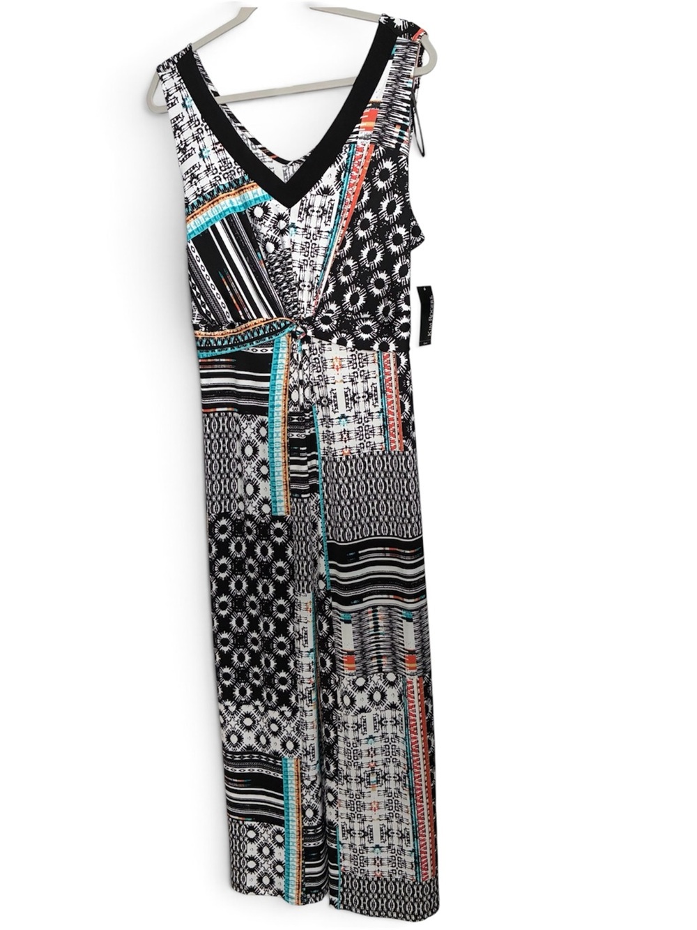 New! Kim Rogers Black Mixed Patchwork Print Maxi Dress Boho Blue Coral Accent 1X